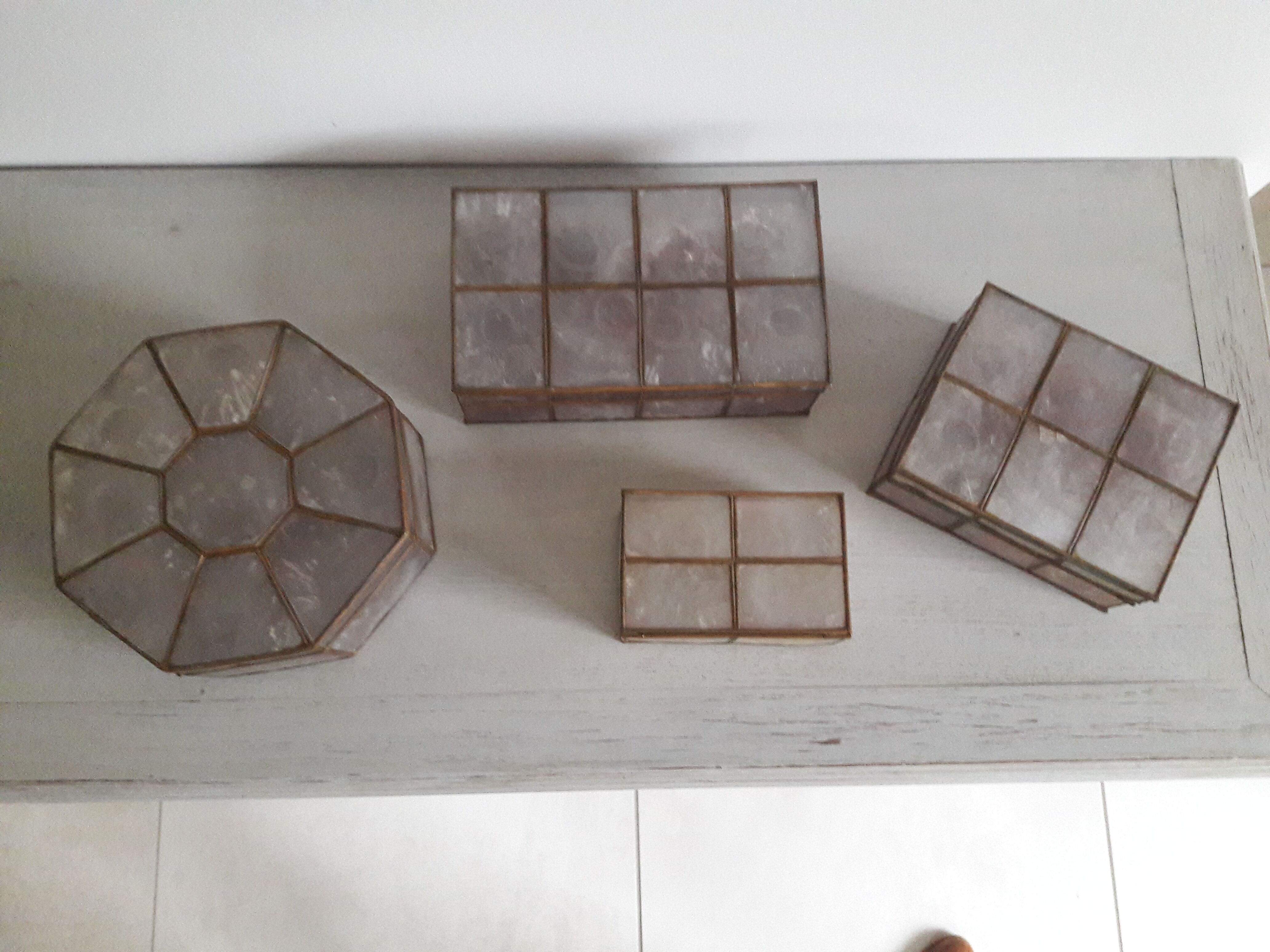 Pink brass and mother-of-pearl boxes