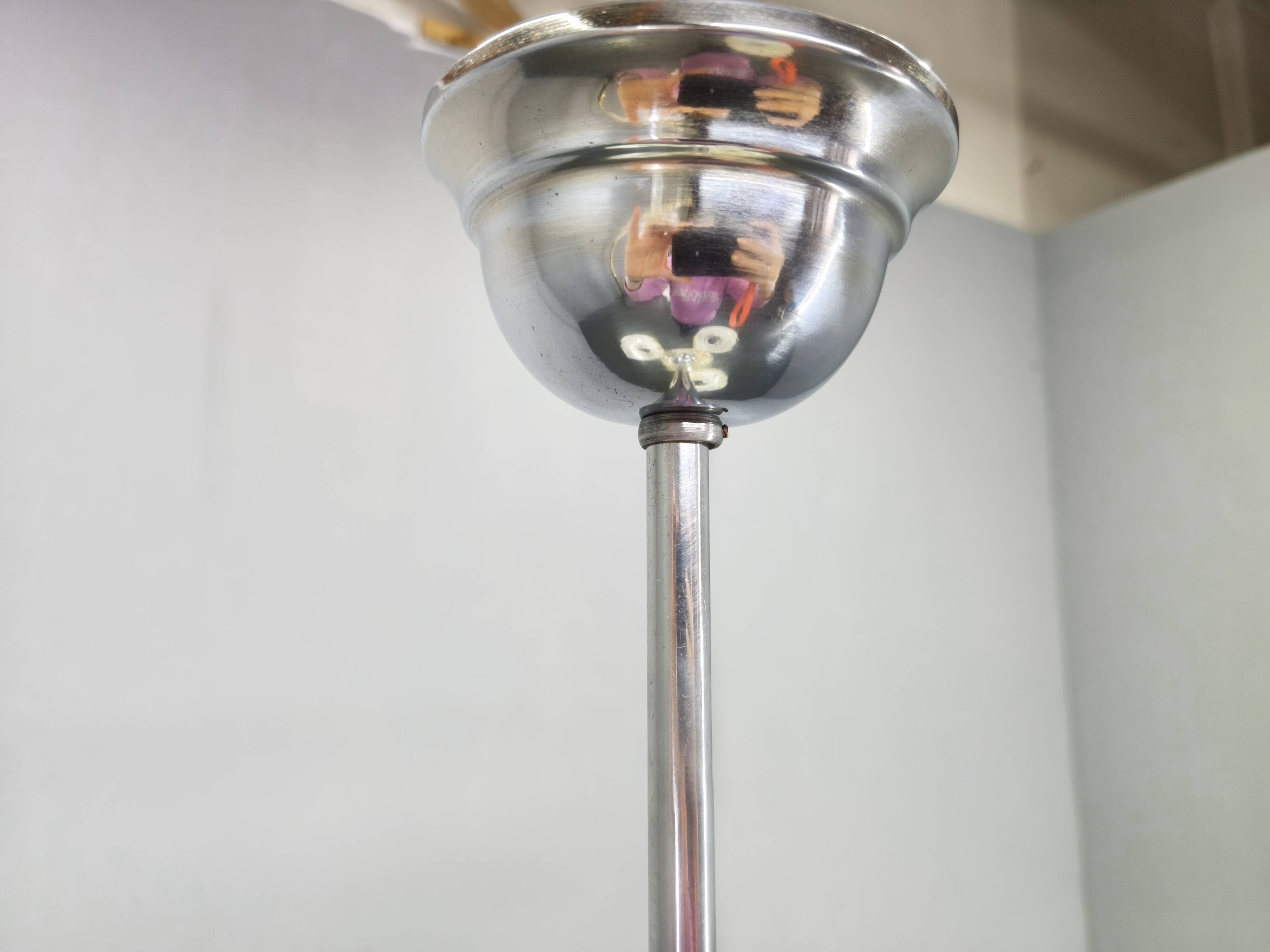 Bauhaus Chandelier Czechoslovakia 1930s Milk Glass Chrome Pendant