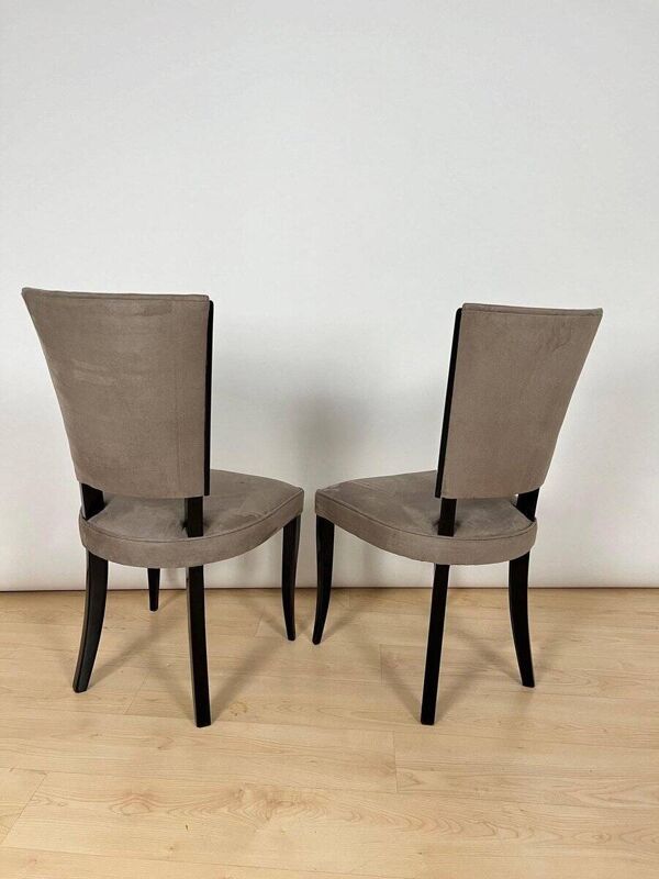 Chaises Art Déco en laque noire et alcantara grise, France, années 1930, ensemble de 6.