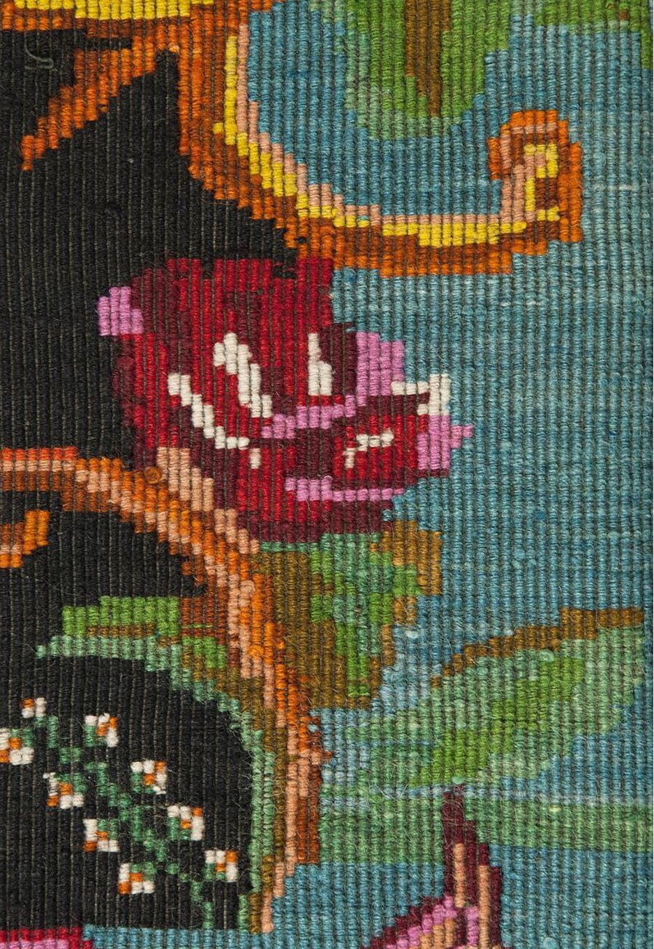 Turquoise floral wool rug, handmade in Romania. Vintage carpet 230X153 cm