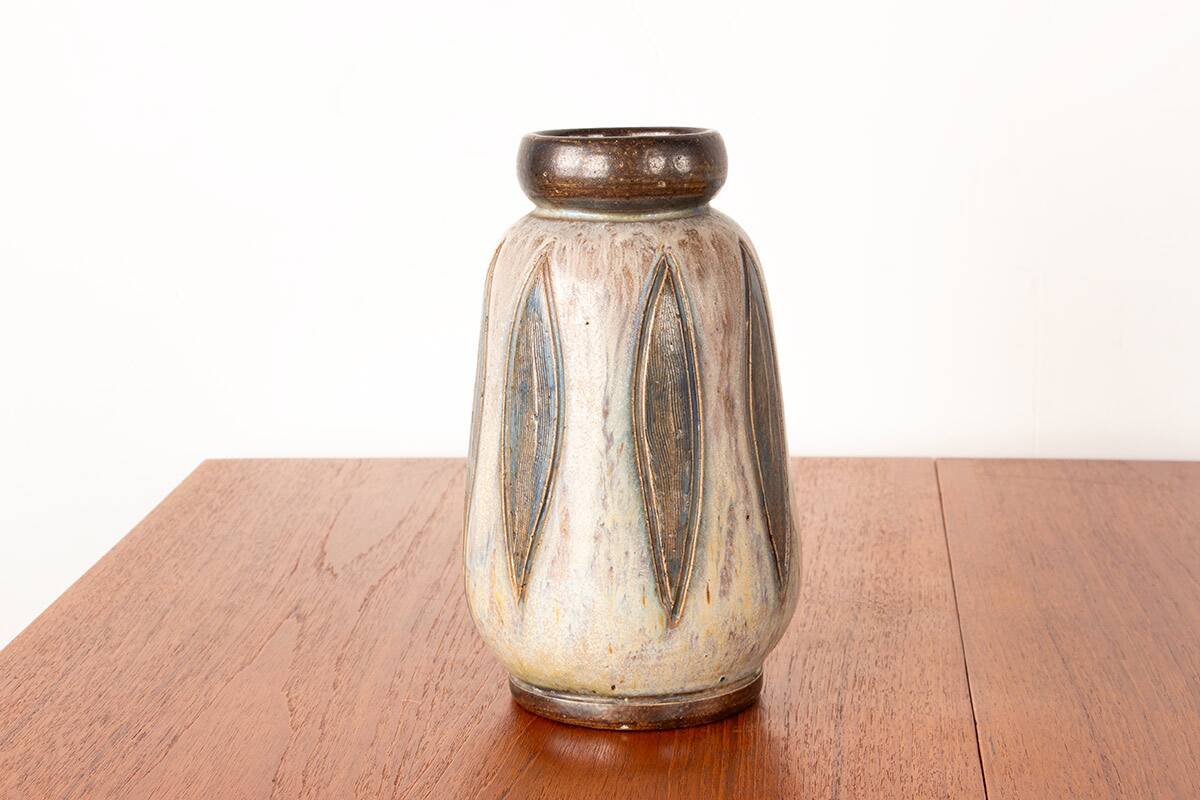 Art Deco period vase in green and gray glazed ceramic by Edouard G