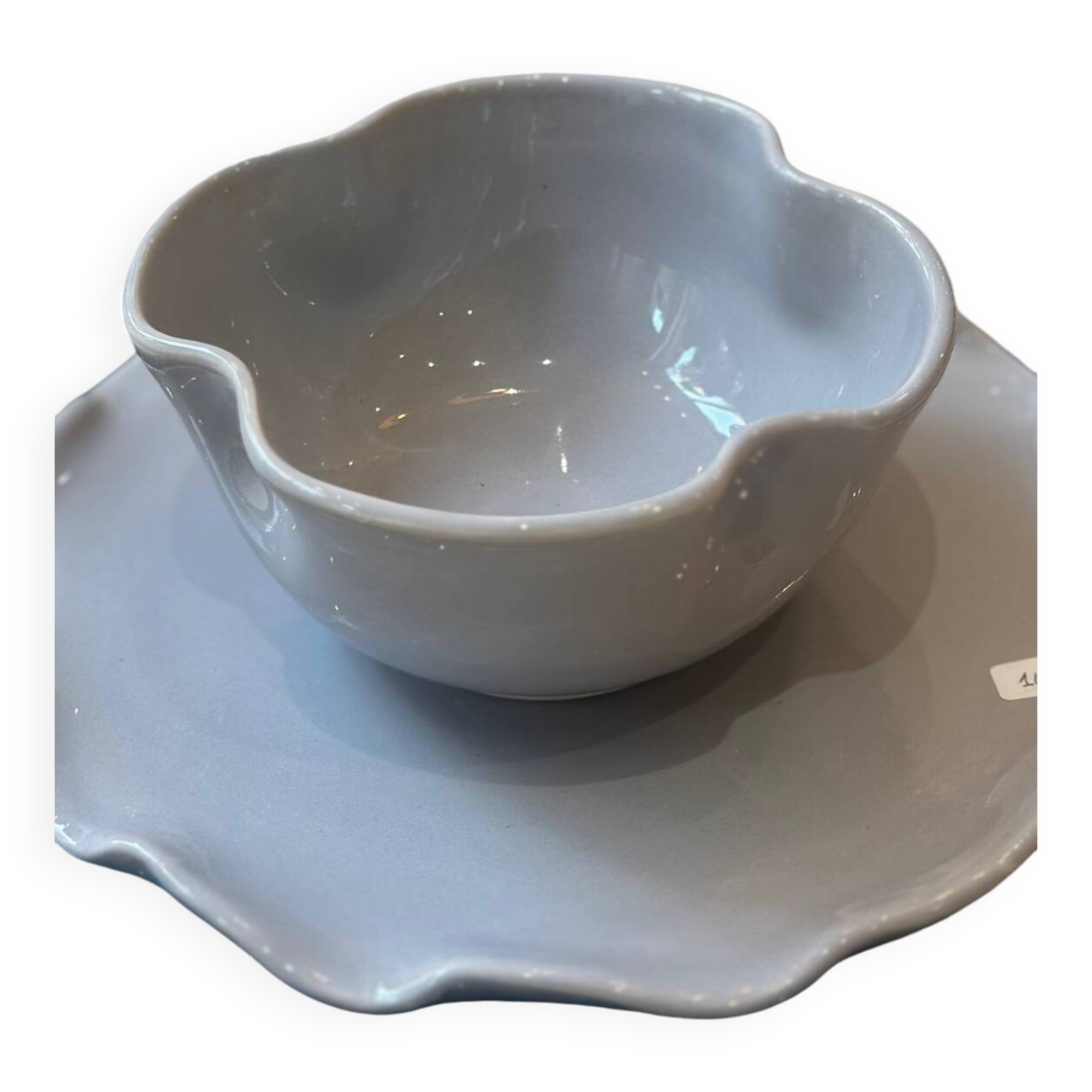 Handmade enameled ceramic bowl clover flower pop gray blue