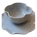 Handmade enameled ceramic bowl clover flower pop gray blue