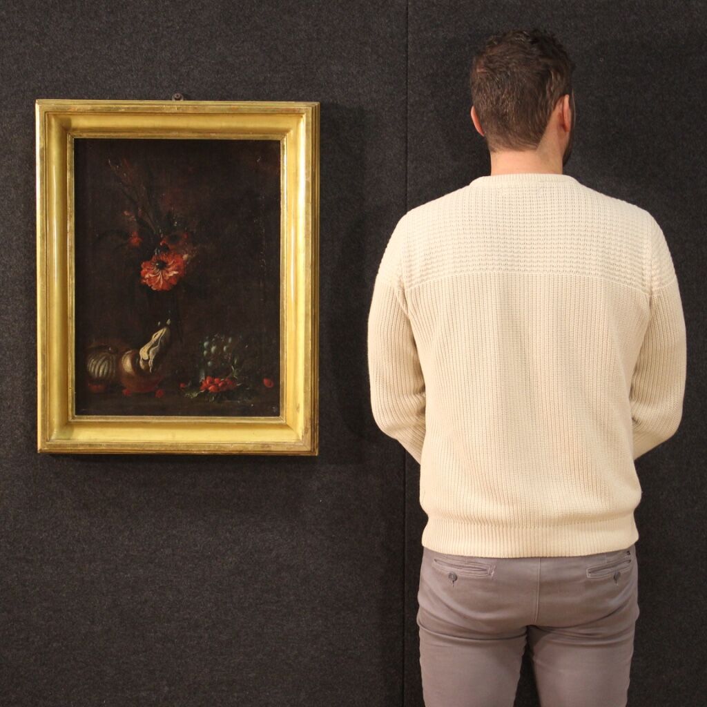 Antique 17th century still life with flowers and fruit