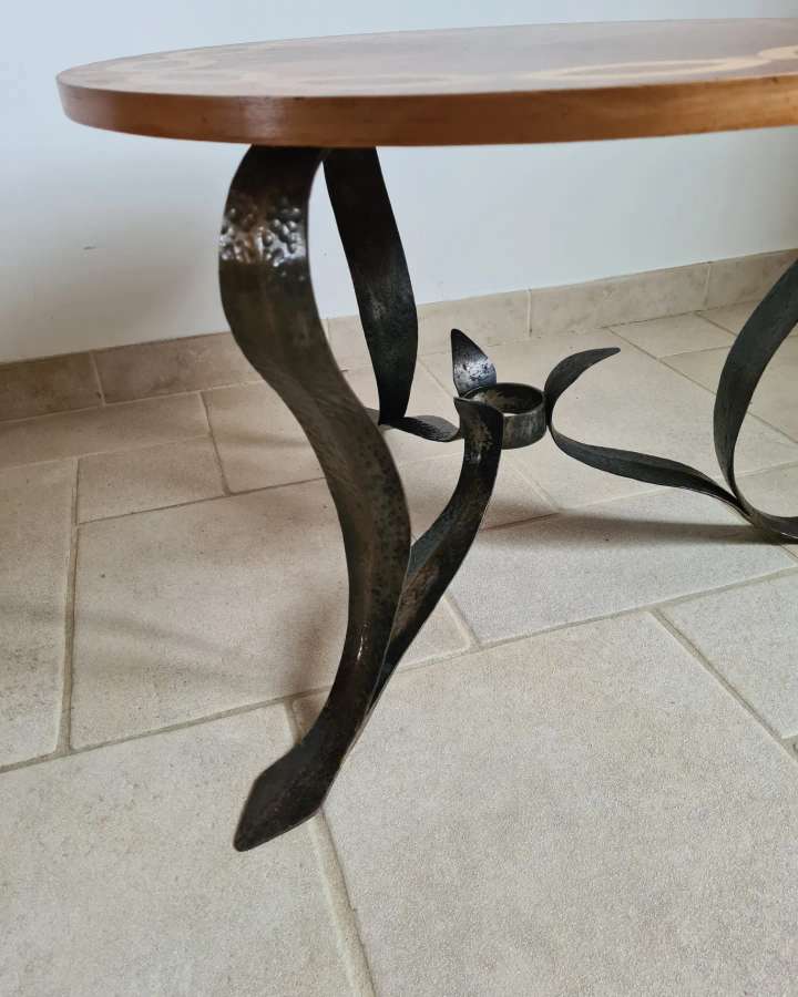 Marquetry and wrought iron coffee table