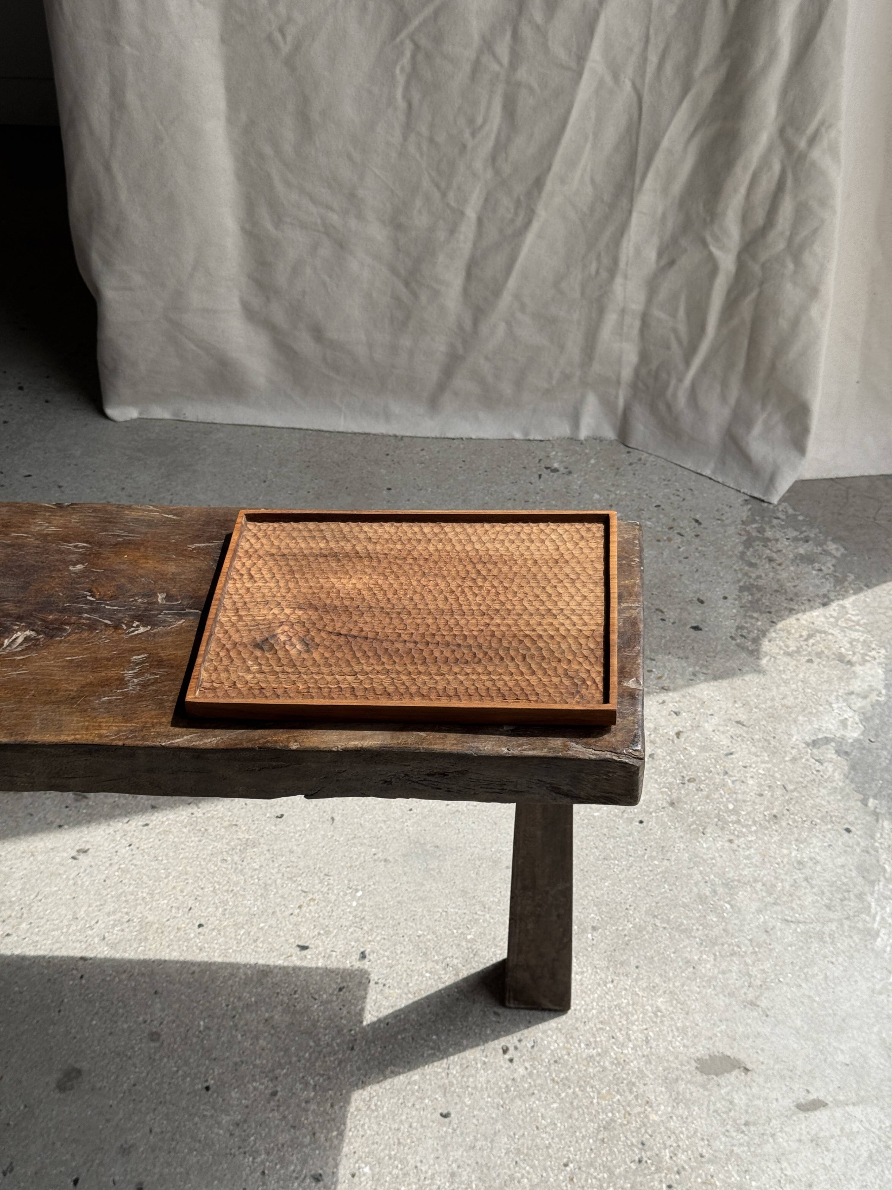 Rectangular solid teak platter with carved edges 33x24