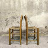 Pair of vintage wood and straw chairs