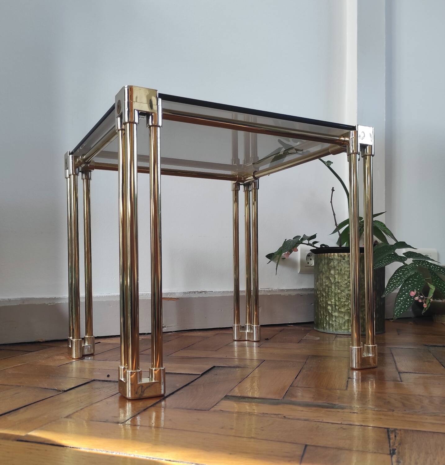 Vintage 1970s side table / Smoked glass accent table