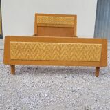 Vintage rattan and solid oak bed 1950s design
