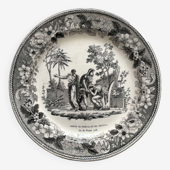 Old plate in fine earthenware, ancient history, hollow mark Montereau, early 19th century