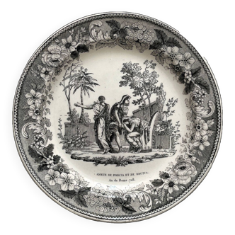 Old plate in fine earthenware, ancient history, hollow mark Montereau, early 19th century