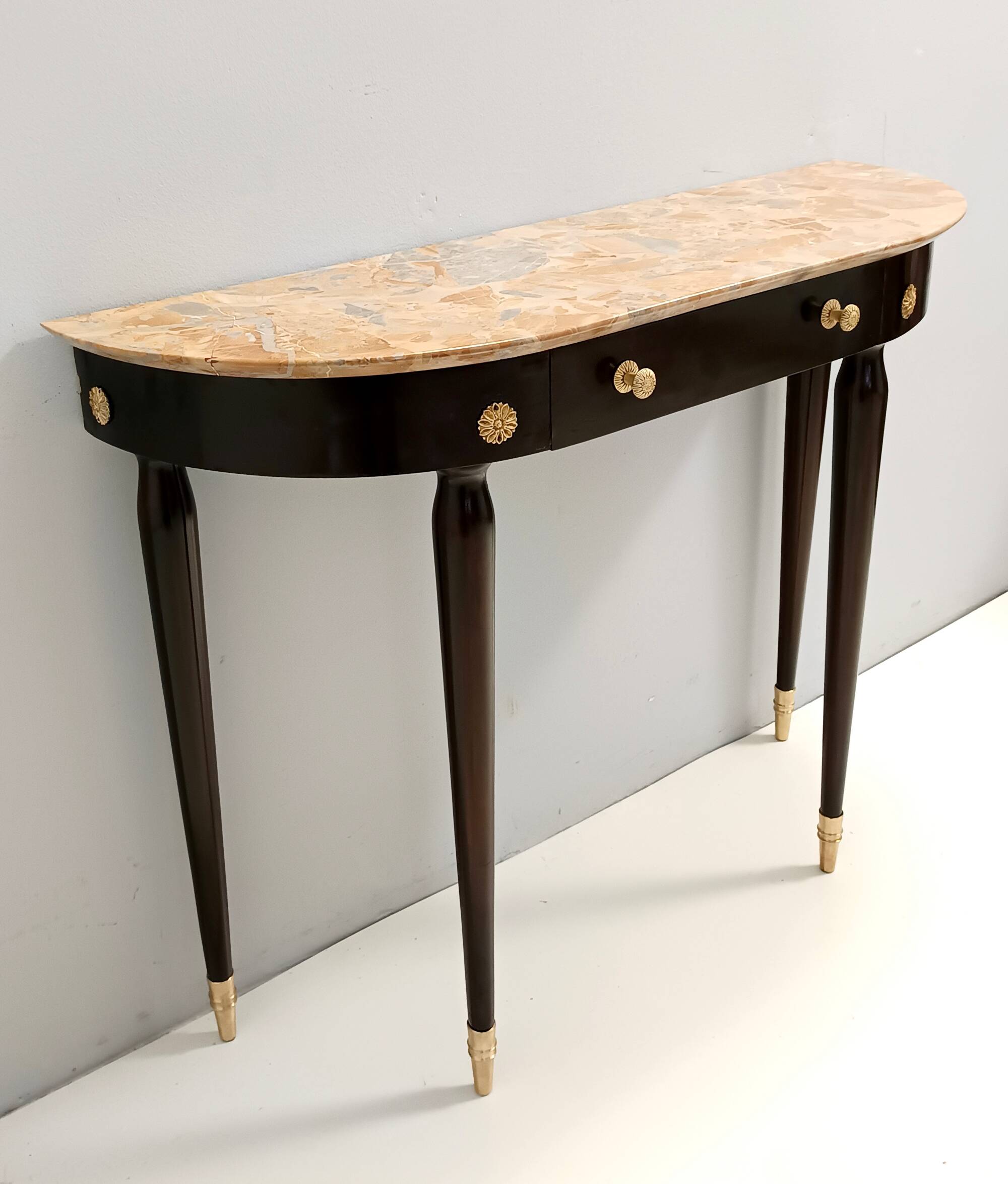 Ebonized Beech Console with a Demilune Macchiavecchia Marble Top attr. to Paolo Buffa