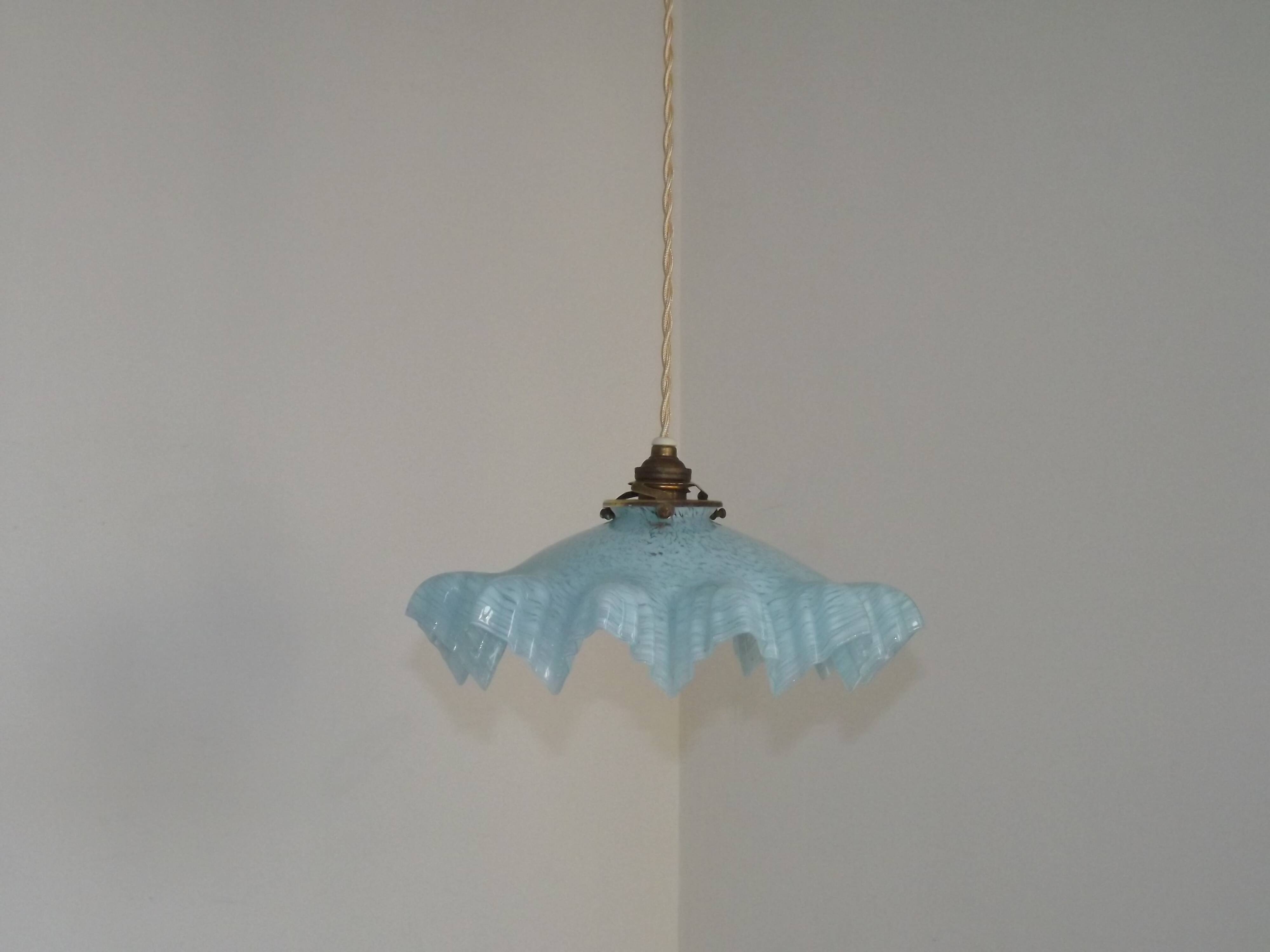 French Vintage 1930s Pale Blue Frilled Clichy Glass Lampshade Ceiling Light