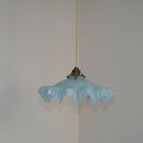 French Vintage 1930s Pale Blue Frilled Clichy Glass Lampshade Ceiling Light