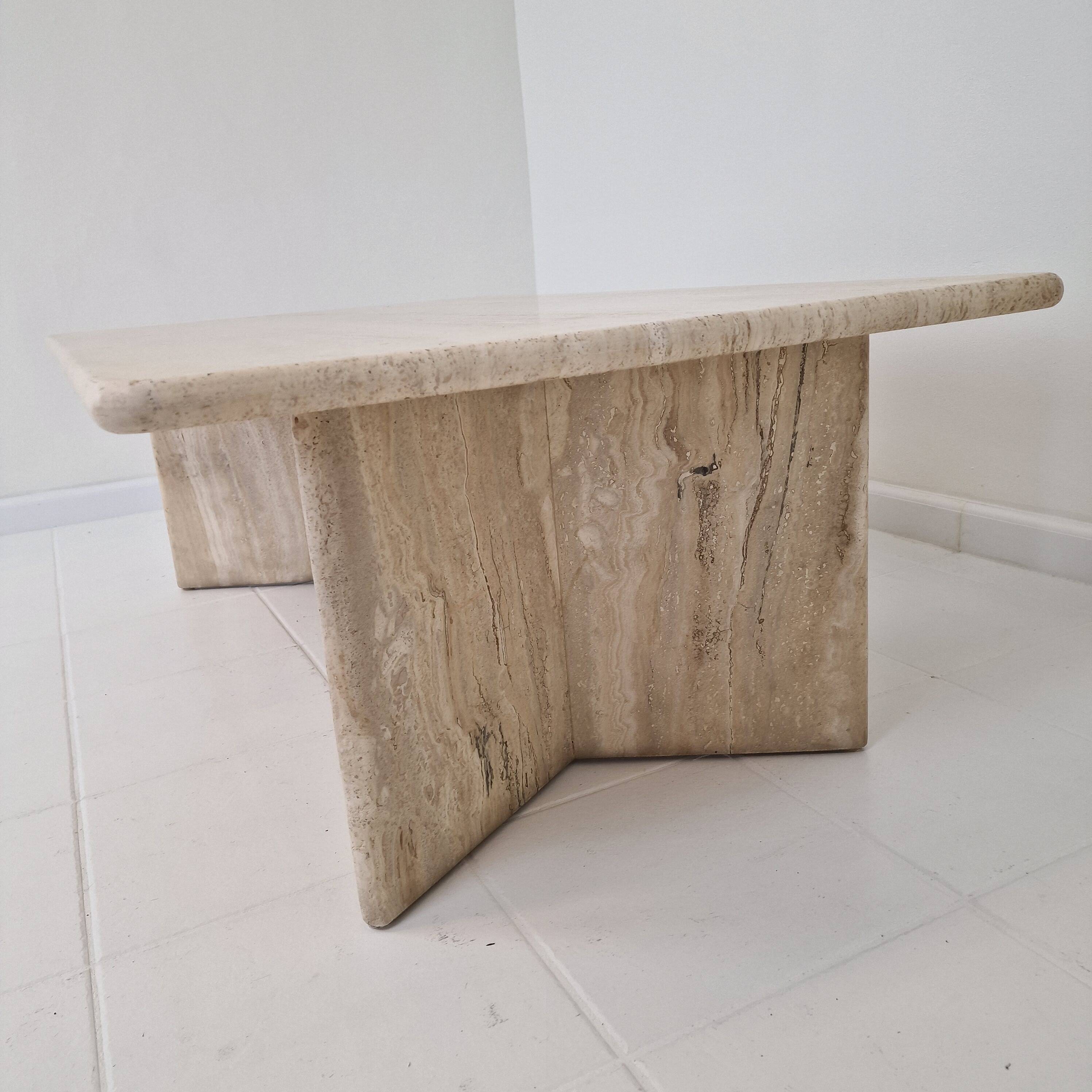 Robust Italian Travertine Coffee Table With two 3-leg Feet, 1980s