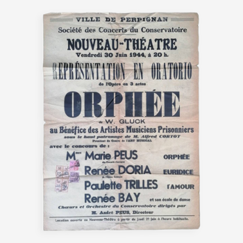 Ancienne affiche de théâtre Opéra Orphée Juin 1944 Perpignan