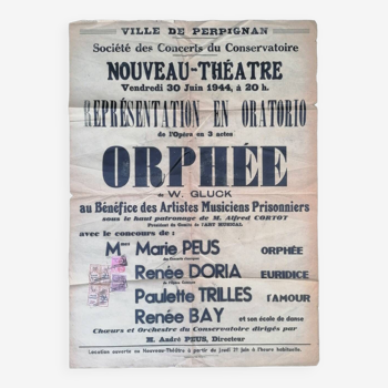Old theater poster Opéra Orphée June 1944 Perpignan