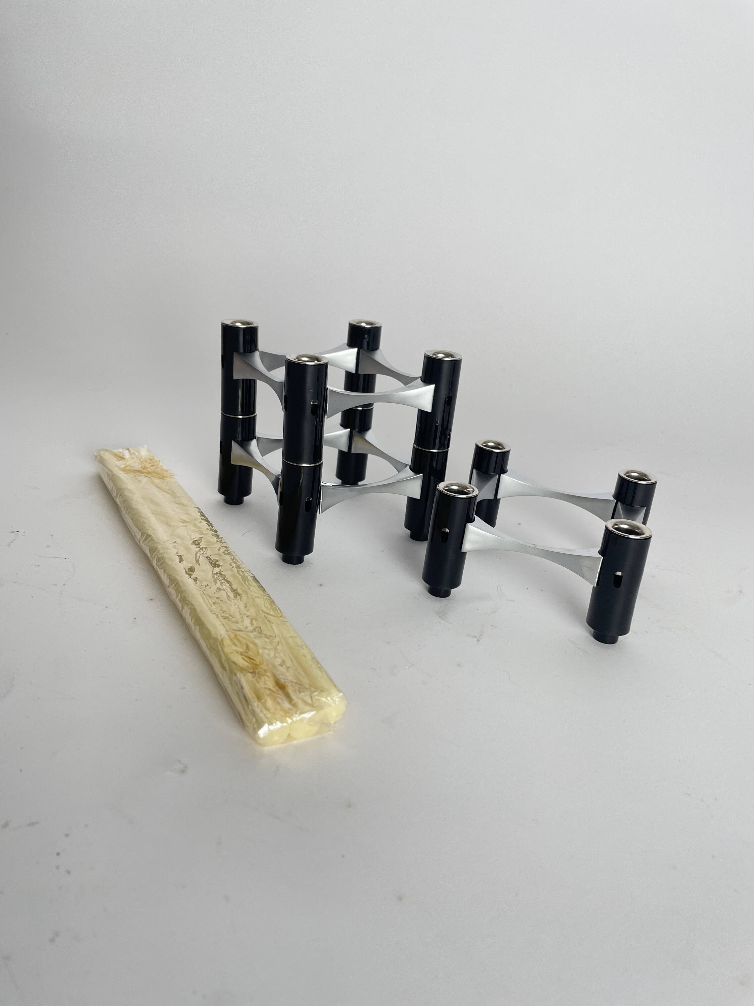 Vintage BMF Modular Candle Holder Black & Silver, Original Box + 12 candles