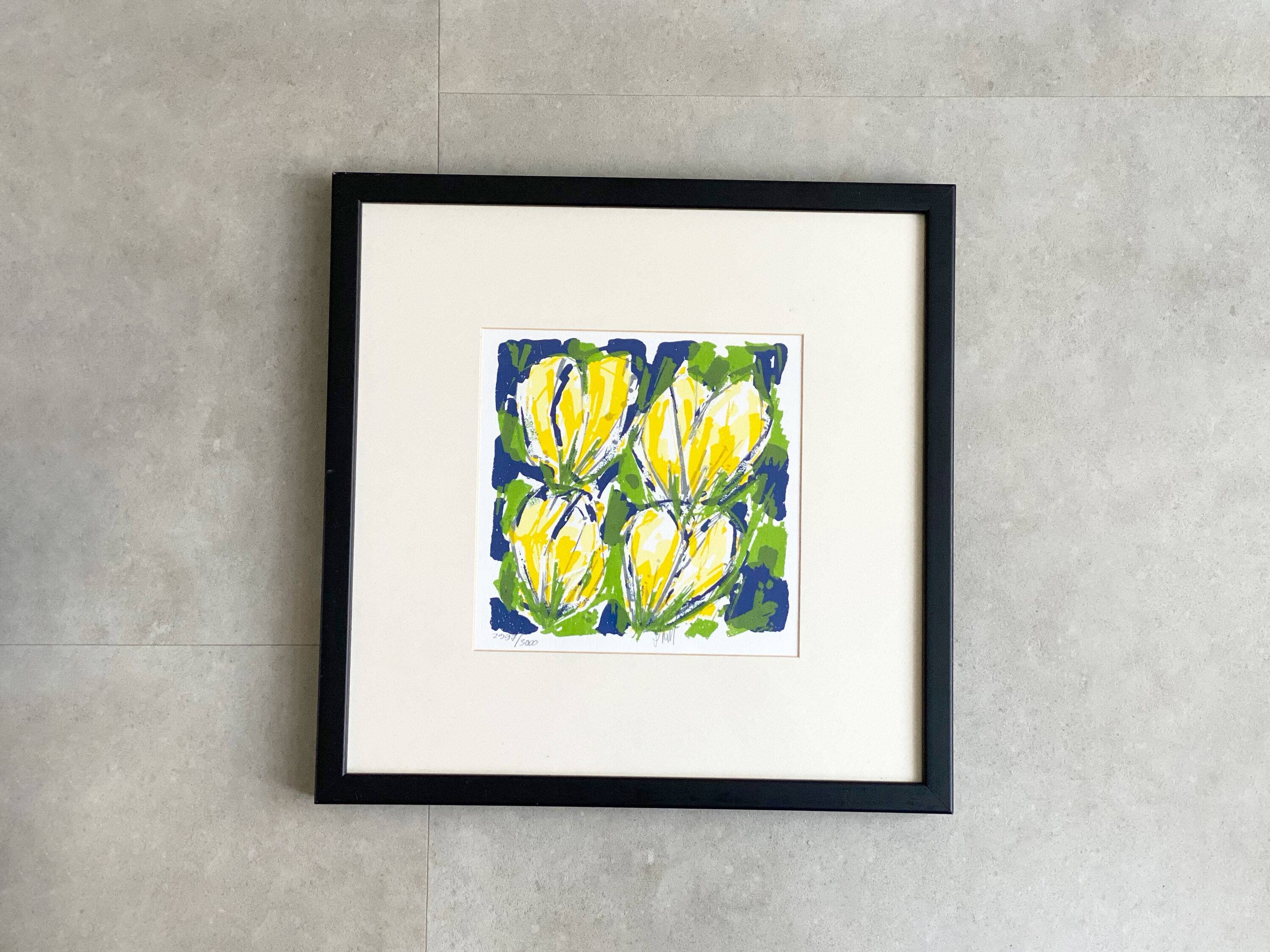 Cheerful silkscreen "yellow tulips" by Ad van Hassel, Dutch art
