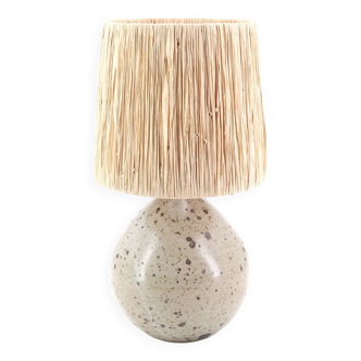 Sandstone lamp by Eric Belloche, raffia lampshade, 1960s