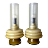 Pair Mid Century Modern olive green hlass table lamps