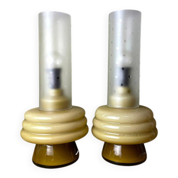 Pair Mid Century Modern olive green hlass table lamps