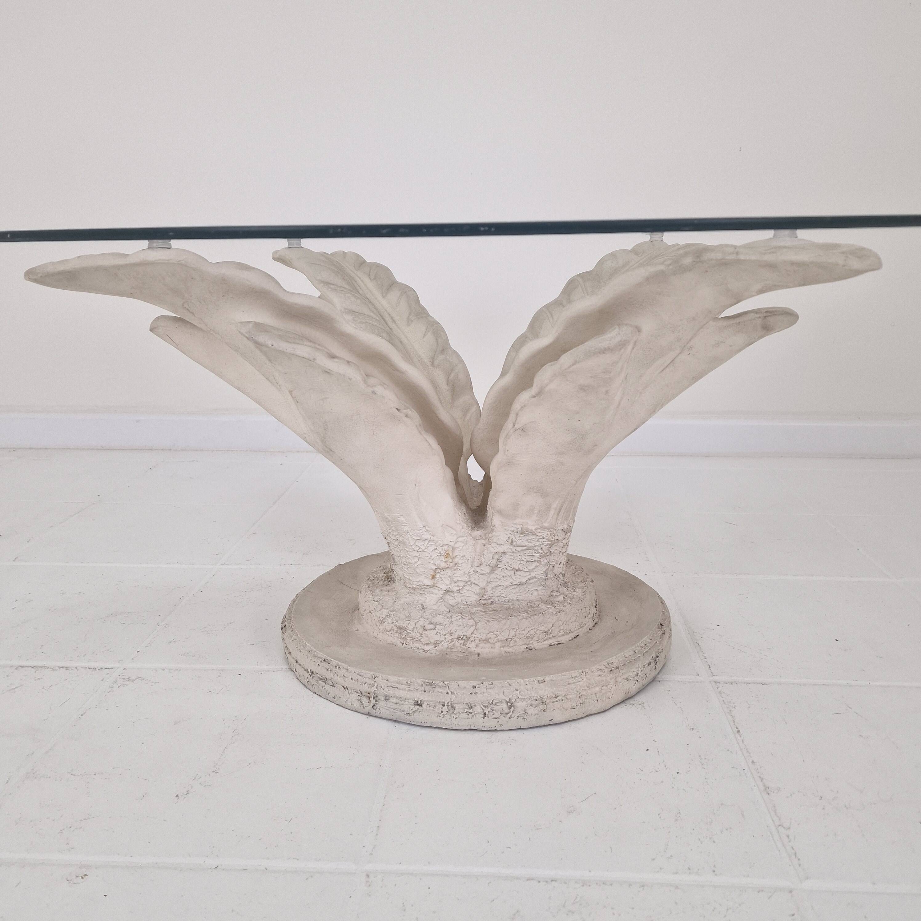 Italian "Flower" Coffee Table in Plaster With Facet Cut Round Plate, 1970s