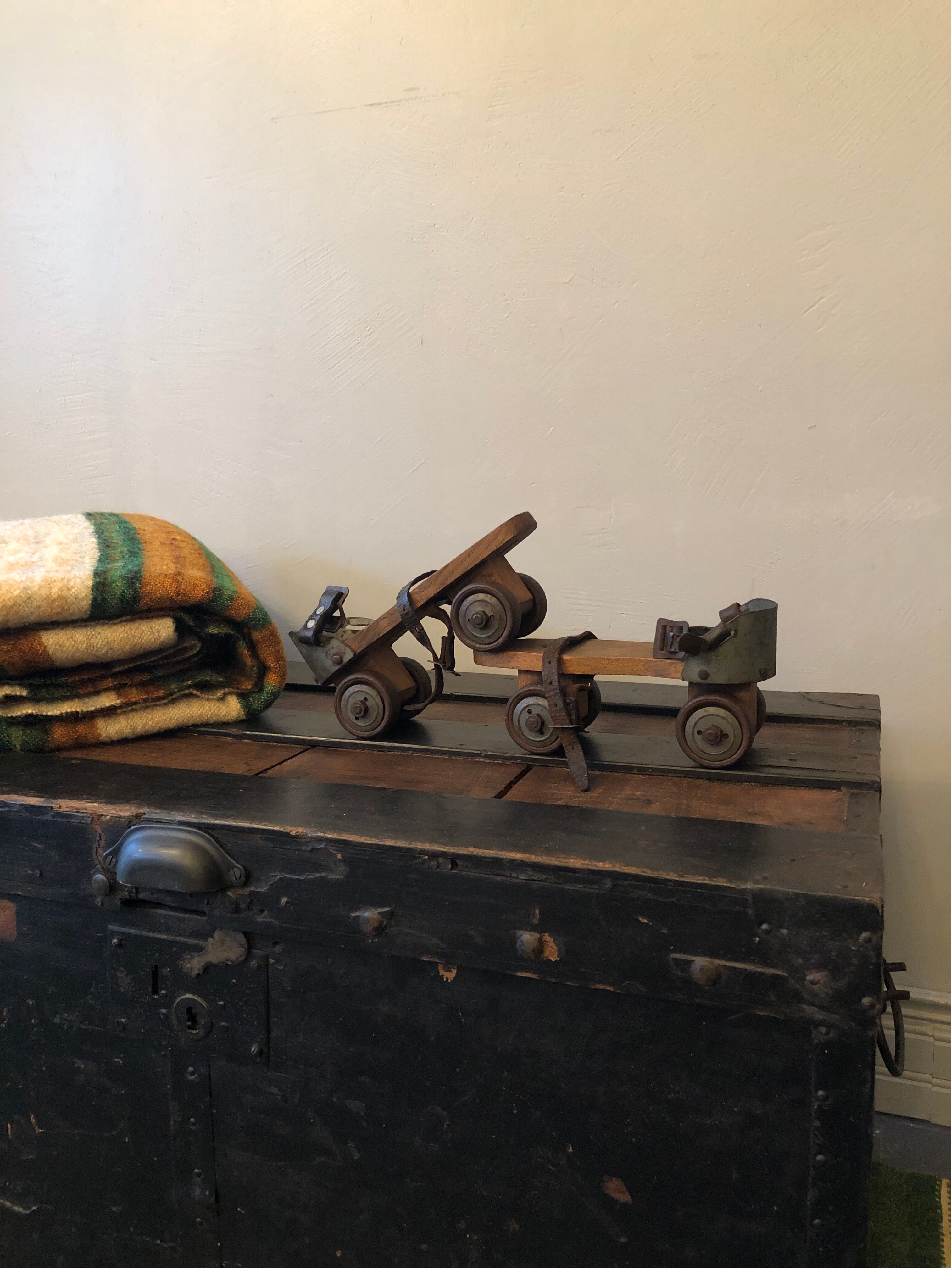 Wooden and metal roller skates