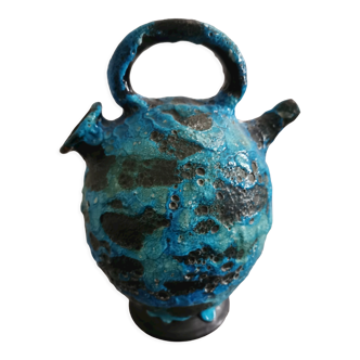 Pitcher in blue enamelled raku ceramic