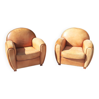 Paires de fauteuils club cuirs marron