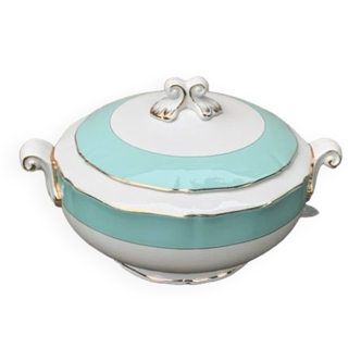 Tureen model chambord ceranord france in semi porcelain white, mint and vintage gold