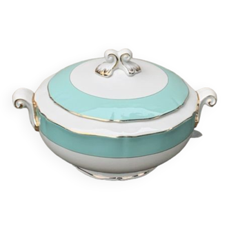 Soupière modèle chambord ceranord france en semi porcelaine blanc, mint et or vintage