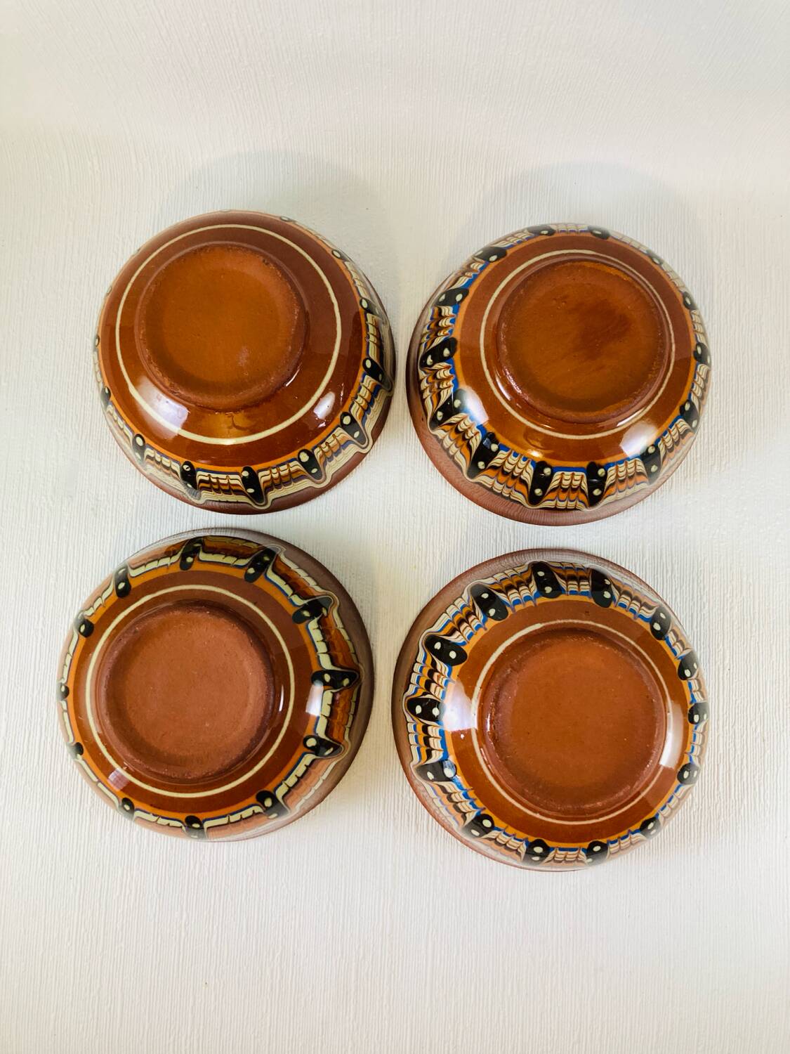 4 bowls + 2 saucers glazed terracotta Bulgarian Monastery of Troyan