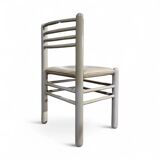 5 x dining chairs / light grey wooden frame / leather seat / Germany 1970s / labeled "ideen für kuchen - innenarchitektur"