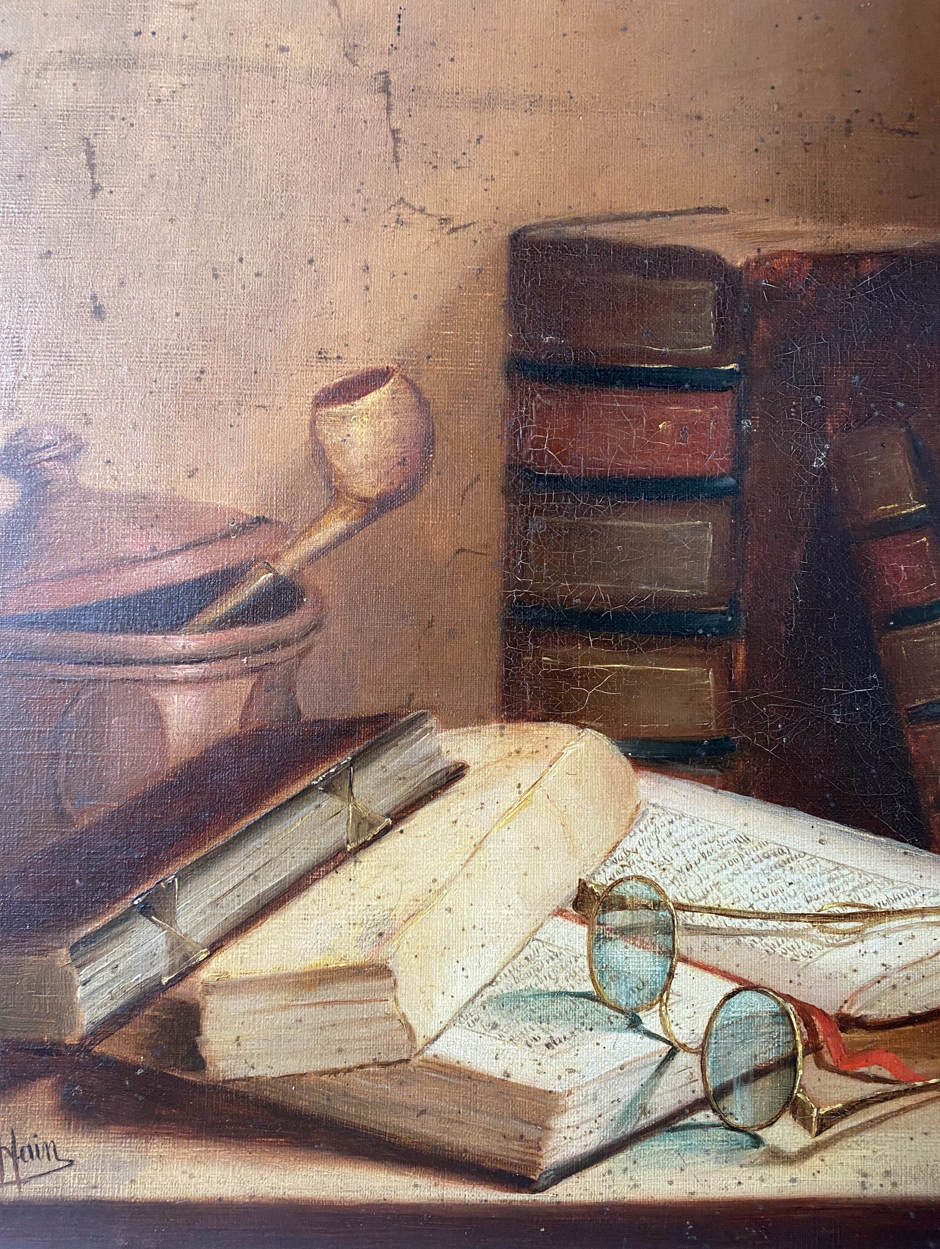 Painting "Still life Books and glasses" HST signed Marguerite Hain XIX° century