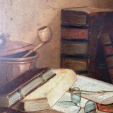 Painting "Still life Books and glasses" HST signed Marguerite Hain XIX° century