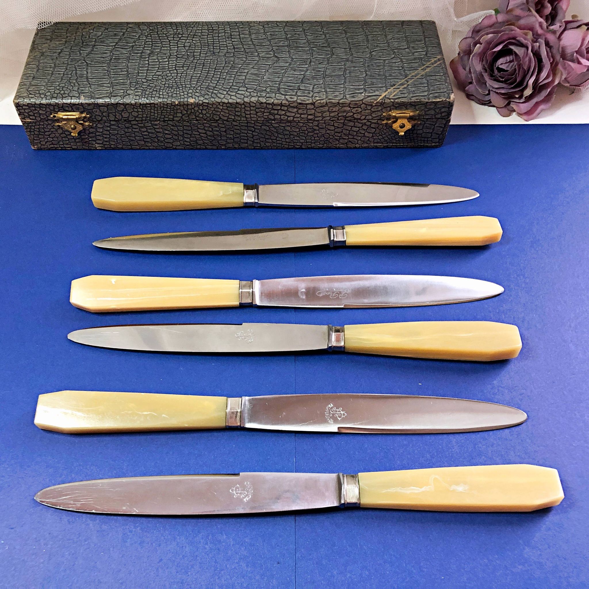 Coffret de 6 couteaux de table manche bakélite France début XXe