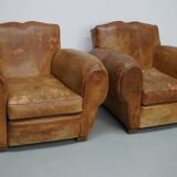Pair of French club chairs with moustache back in cognac leather, 1940s
