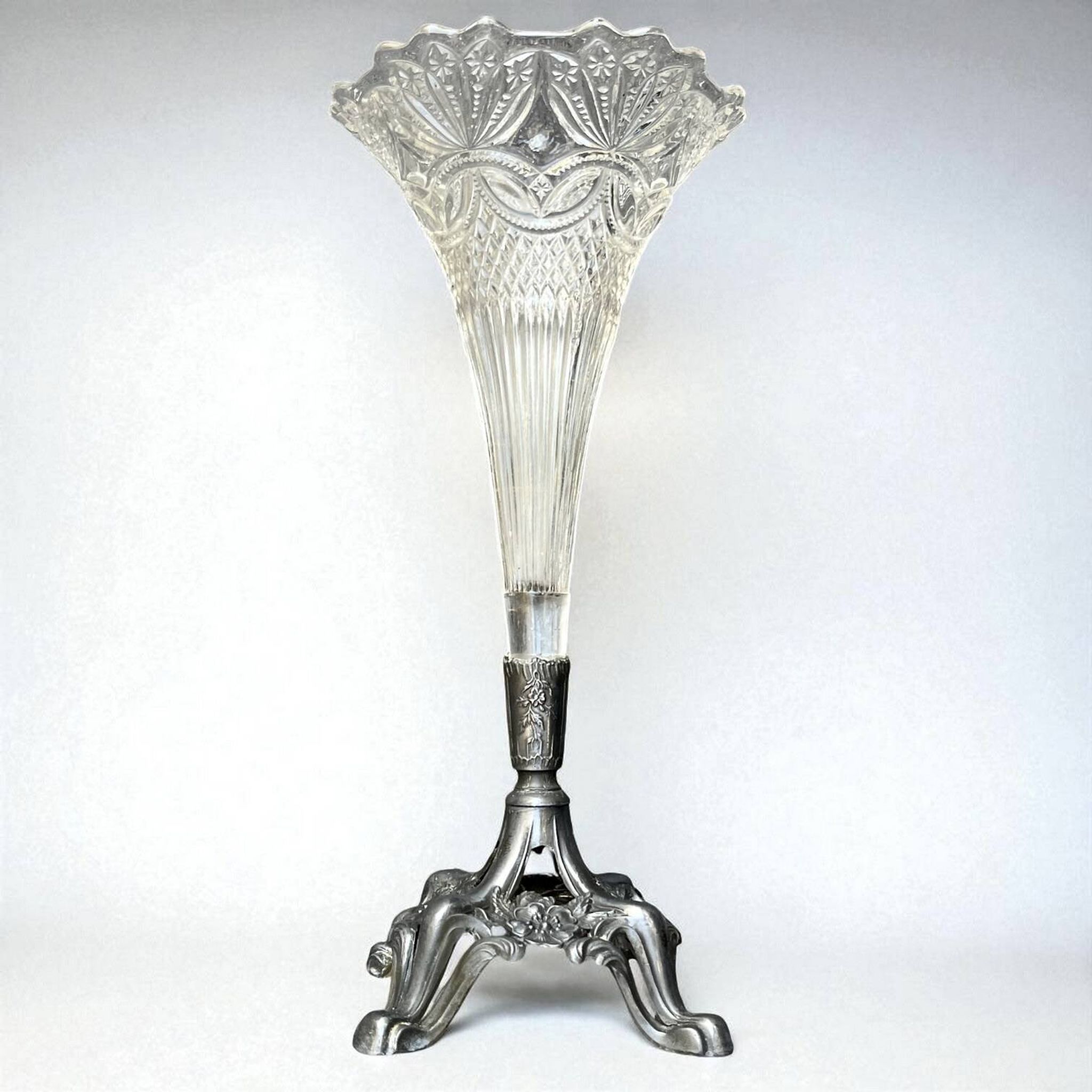 Art Nouveau glass and metal cornet vase with floral motif
