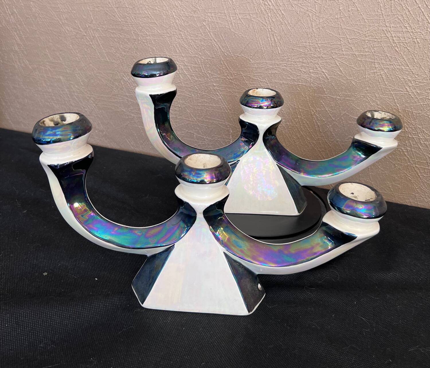Pair of 3-branch candlesticks in iridescent two-tone ceramic from the 60s