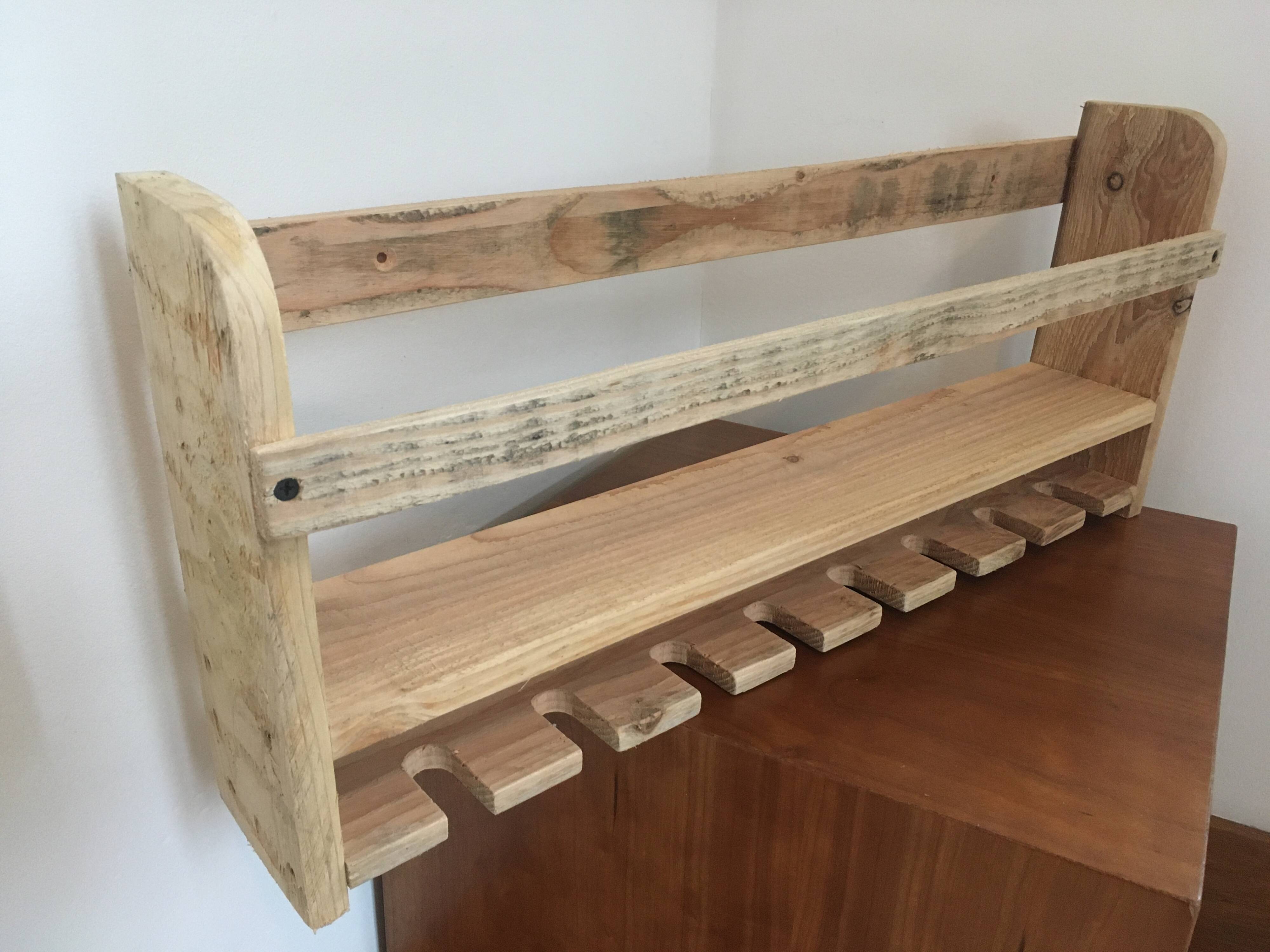 bottle shelf, recycled wooden glasses