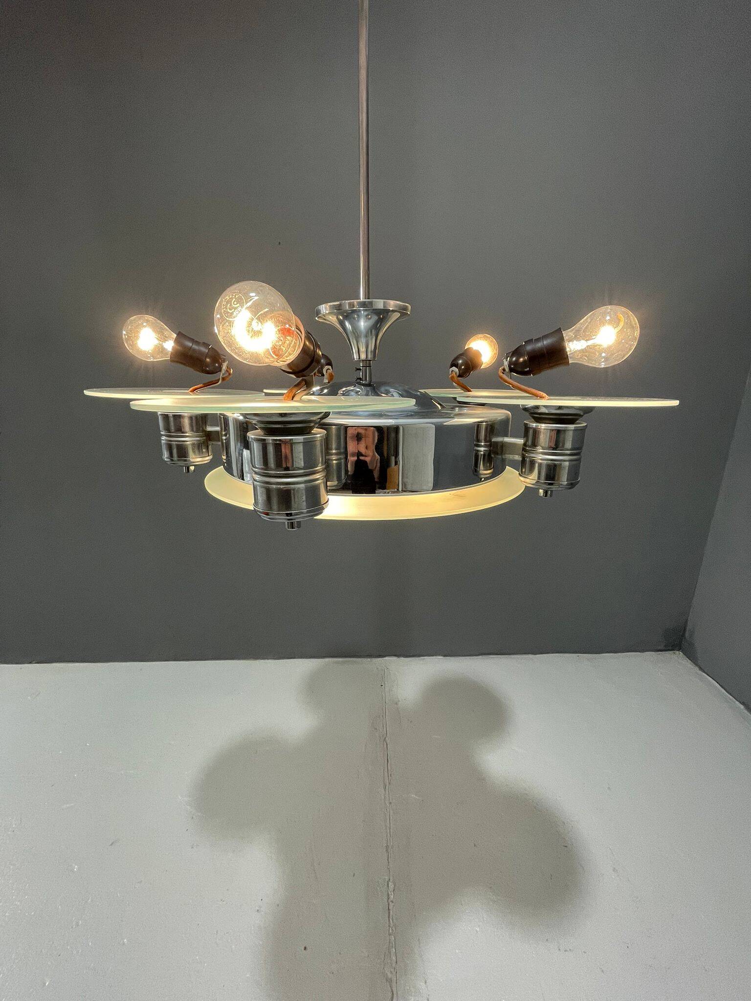 1930s Art Deco Chrome Chandelier with Frosted Glass Disc Shades – Czech Vin