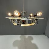 Lustre Art déco en métal chromé et verre dépoli, Tchécoslovaquie années 1930