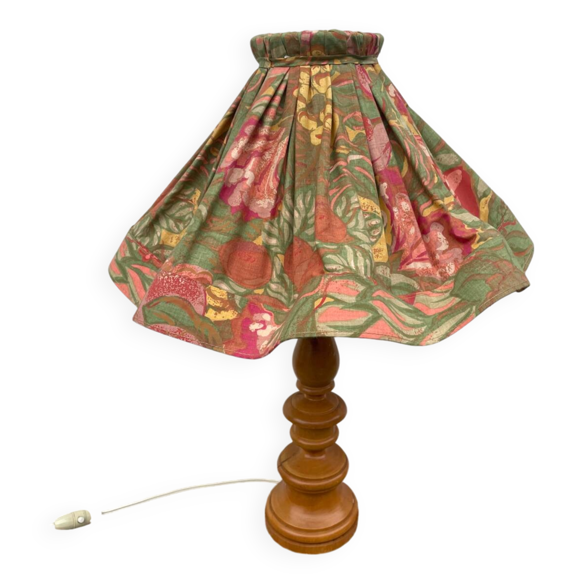 Turned wood lamp with flower shade