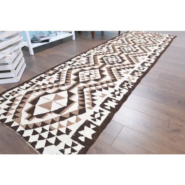 Vintage Turkish Oushak Handmade Wool Cotton White Runner Rug 100x334