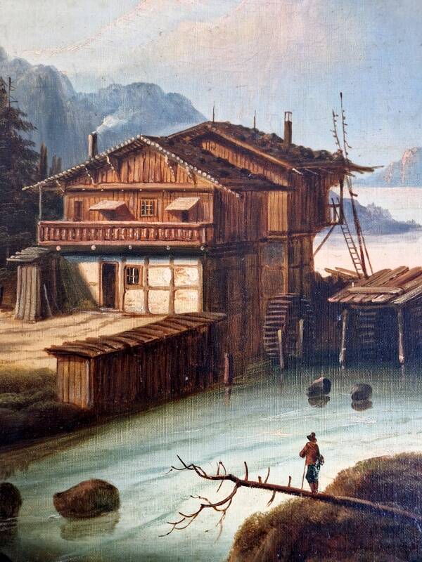 August Achilles (1798-1861) - Oil on canvas - Lakeside landscape in Switzerland