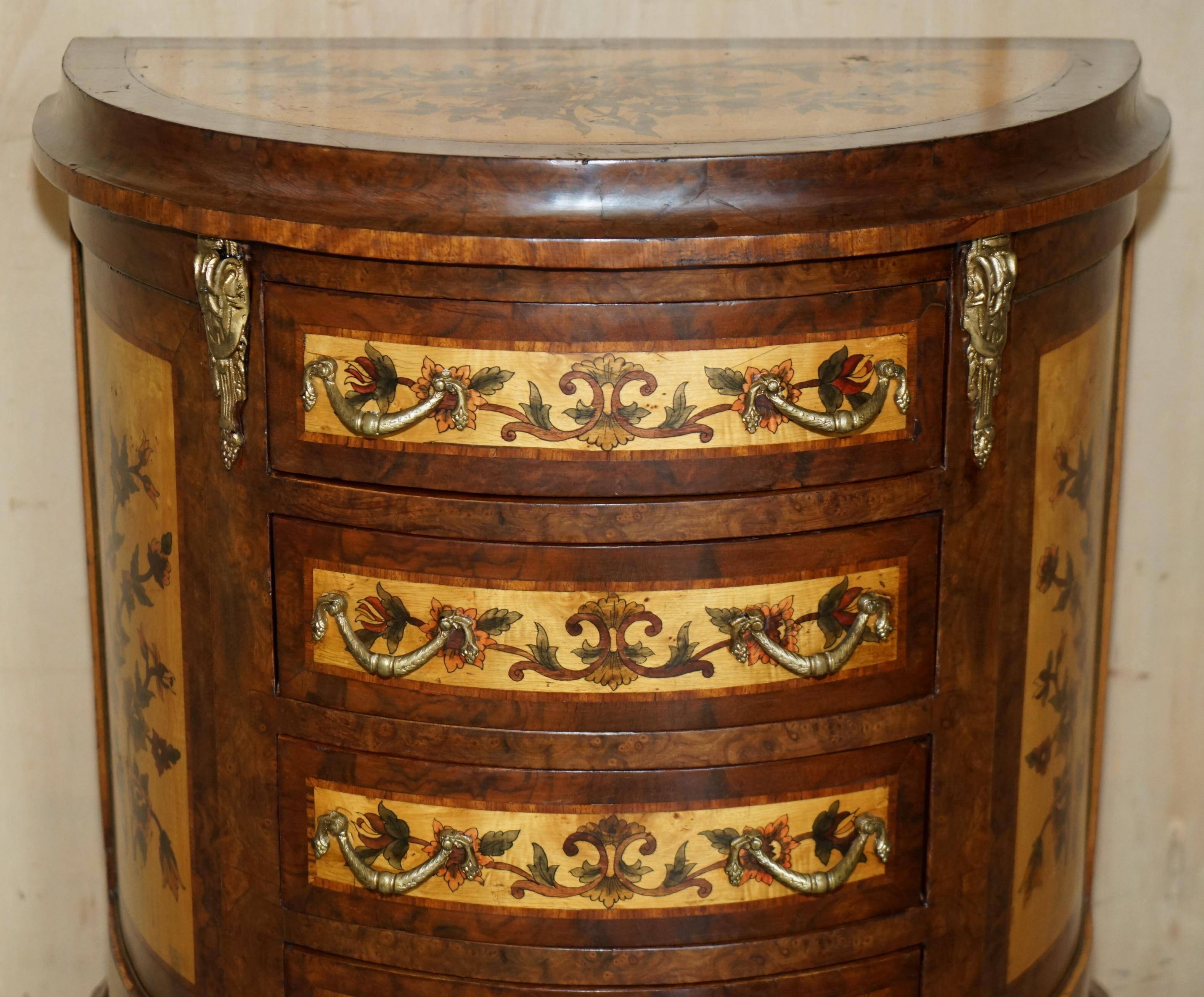 Vintage 1940s demi-lune buffet in burr walnut and satin wood.