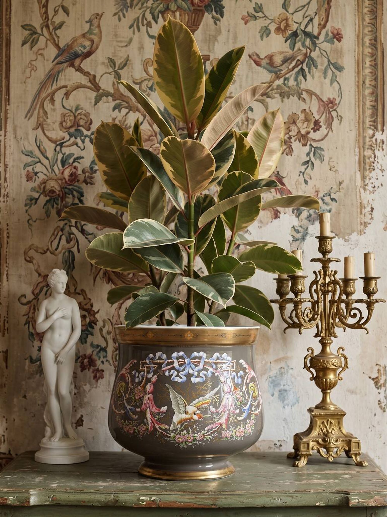 Grand cache-pot ancien en porcelaine émaillée, décor rocaille à l’oiseau, XIXe