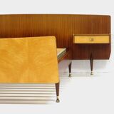 Mid century double bed bedroom set + floating nightstands in teak & maple
