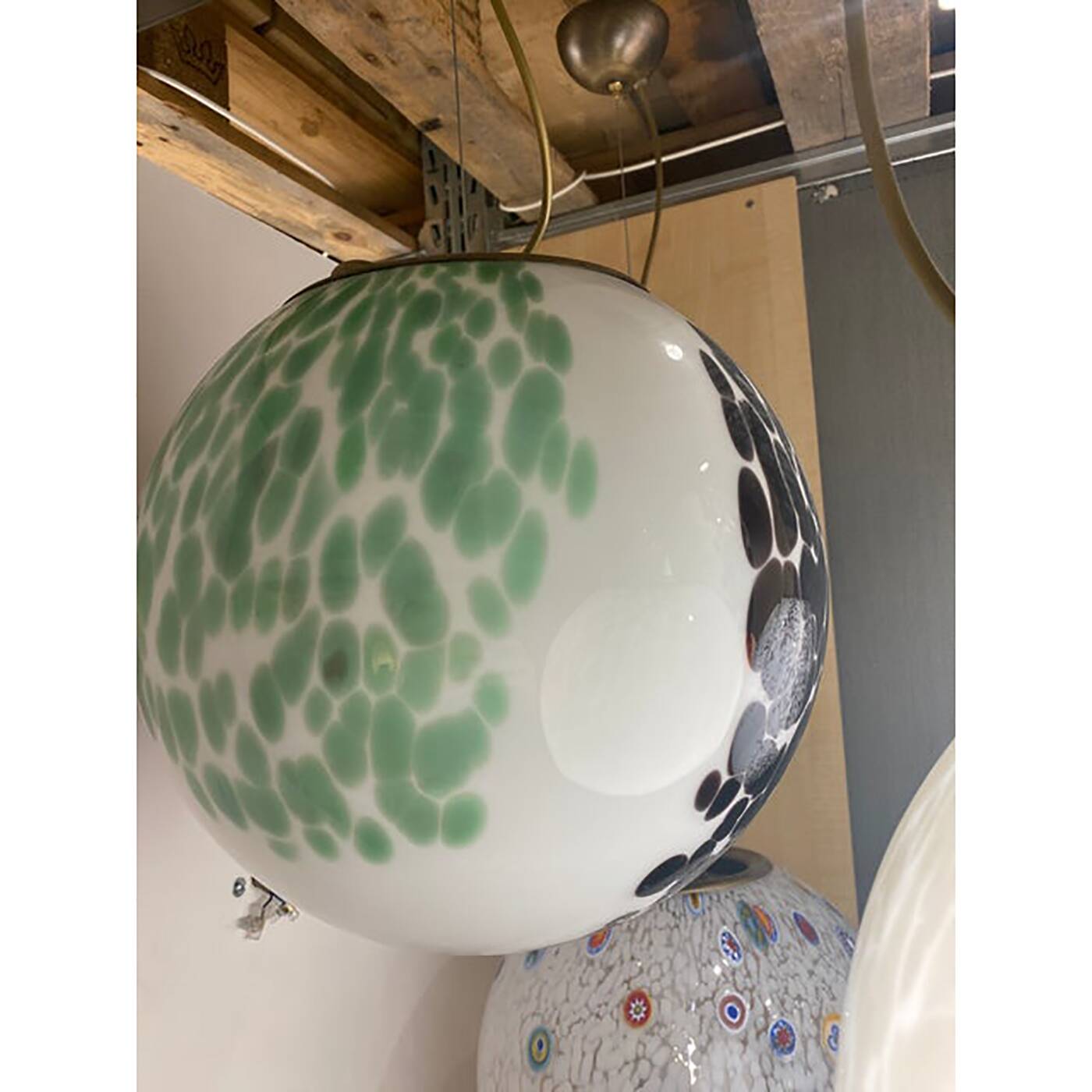 Contemporary Light Green and Black Sphere Pendant in Glass
